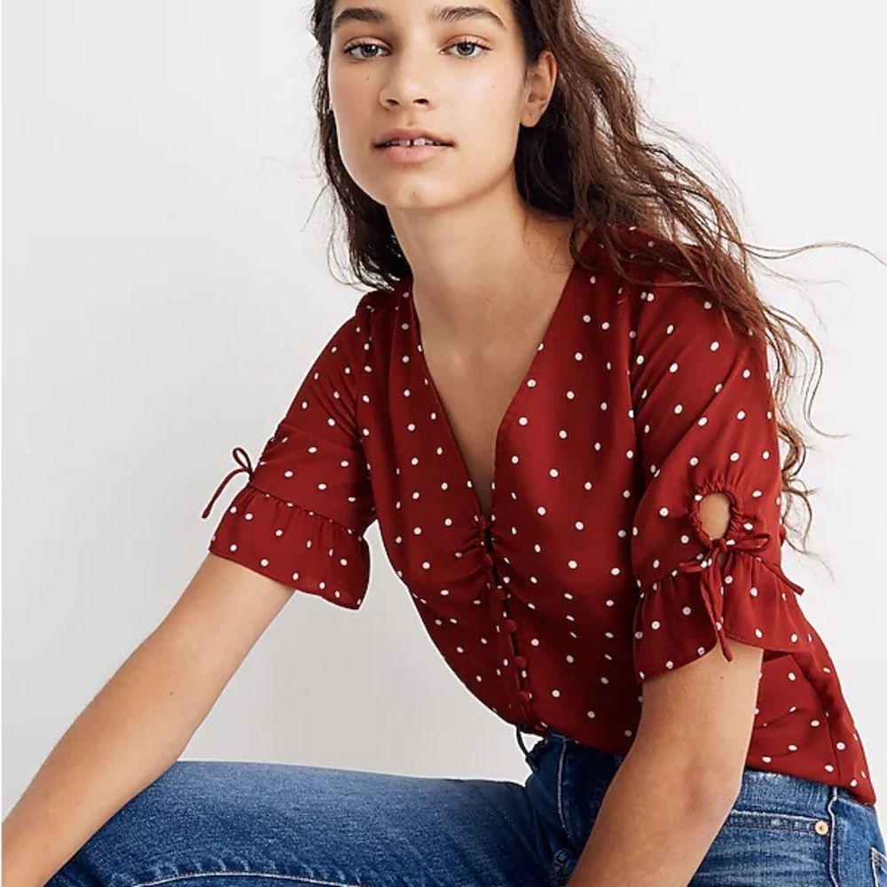 Madewell Daylight Tie- Sleeve Top in Red Polka Dot Size 0